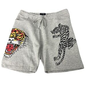 Ed Hardy Men's Gray Screaming Tiger Fleece Sweat Shorts Raw Hem Size Large New